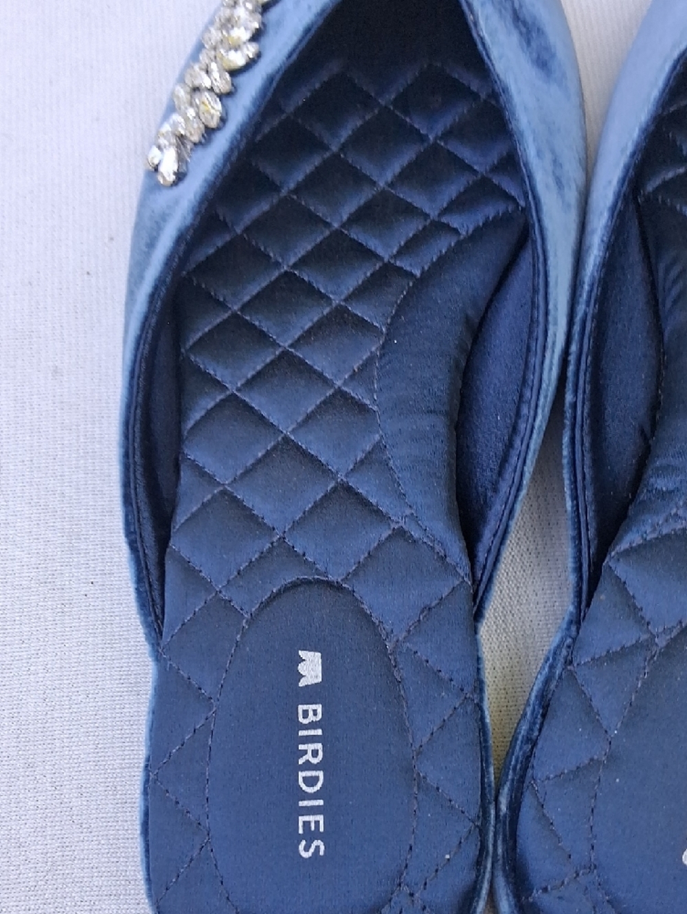 Birdies Deep Blue Velvet Crystal-Embellished Pointed Mules - Picture 9 of 16